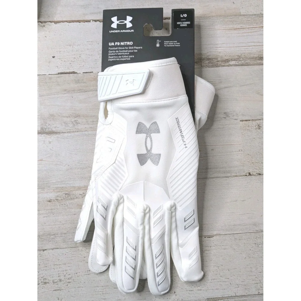 UNDER ARMOUR UA F9 Nitro Football Receiver Gloves Size L Large White Metallic